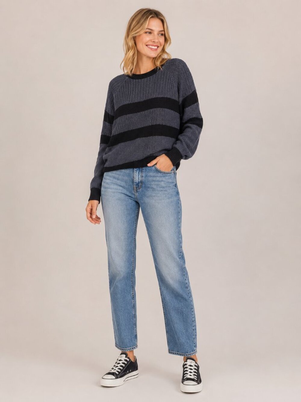 2/$30 Banana Republic Cropped Raglan Sweater Striped Gray Black Large #A2356